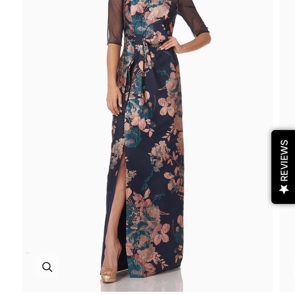 Kay Unger Navy Dress with Teal & Blush Floral Jacquard - Picture 3 of 3